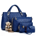 4-delige donkerblauwe handtassenset voor dames met geometrisch patroon en teddybeer - Blauw