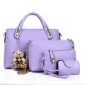 Light purple 4-piece PU leather handbag set with oval embossing and cute bear charm - Violet