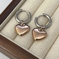 Makro-Detail von zweifarbigen Herz-Anhänger-Ohrringen mit spiegelpoliertem Finish - Silberner Reifen + Roségold Herz