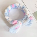 Cute blue and white coral fleece headband with rabbit ears and pink polka dots - Sky Blue Strawberry Rabbit