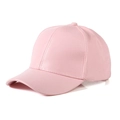 Close-up of a pink glossy baseball cap with a faux leather finish and refined stitching - Adult Size (90g) / Pink