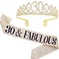 Golden rhinestone crown and champagne glitter sash set for 30th birthday party celebration - Gold 30 & Fabulous Set