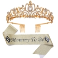 Close-up of golden Mommy To Be sash with black lettering and sparkling rhinestone tiara set - Gold Crown + Gold Sash