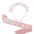 Rose gold birthday girl set featuring sparkling rhinestone tiara and pink glitter sash - Birthday Queen / Queen Holographic Rose Gold Set