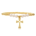 Bracciale regolabile con perline dorate e bianche con ciondolo a croce in zirconi - Croce di Perline d'Oro e Perle Artificiali (2058YH)