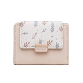 Short PU leather wallet with beige pink finish and white leaf pattern floral print - Apricot