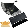 Japanese style black cartoon cat folding fan gift set with storage box and wooden stand - Standard Fan + Gift Box + Sleeve + Stand