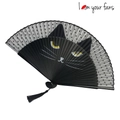Detail of black cat folding fan with gray polka dots and an elegant black tassel - Black Cat (Premium Bamboo)