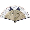 Close-up of Japanese style folding fan featuring a cat face design and bamboo ribs - Brown Cat (Premium Bamboo)