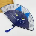 Japanese style hand fan featuring a blue cartoon cat face design with a matching silk tassel - Blue Cat (Premium Bamboo)