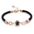 Handgefertigtes schwarzes Paararmband mit roségoldenen römischen Zahlen und Kristall - Schwarzes Seil Schwarzer Zirkonia