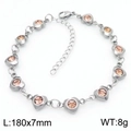 Stainless steel heart chain bracelet with champagne zircon stones, length 180mm - Amber Rhinestone Style / Silver (KB183047-TJG)