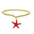 Fashionable gold beaded bracelet with a textured red starfish pendant on a white background - Red (CN001667YS)