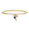 Golden beaded bracelet with pearls and a crystal hummingbird pendant on white background - Hummingbird Black Stone Pendant (CB00372YH黑)