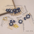 Elegant 4-piece blue floral hair comb and pin set with gold leaves and pearls - Hair Accessory Set / Navy Blue
