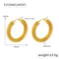 Golden titanium steel hoop earrings with hollow chain texture measuring 4cm in diameter - Mesh Texture (F1536-Gold) / 4cm