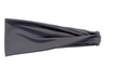 Detail view of dark grey wide sports headband with elastic fabric and twist design - Dark Gray