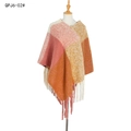 Damen Karo-Poncho mit rosa-orangefarbenem Gittermuster und Fransen-Details - Rosa Khaki (QPJ6-02#)