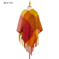 Damen Herbst Winter Karo-Poncho in Gelb und Rot mit langen, groben Quasten-Details - Ingwerrot (QPJ6-01#)