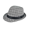 Dettaglio della trama intrecciata bianca e nera e del nastro nero decorativo sul fedora - Sottile Plaid Nero e Bianco (Fedora da Uomo 03)