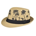 Dettaglio della trama in paglia intrecciata e stampa di palme nere sul cappello fedora - Cachi con stampa a palma