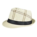 Cappello fedora in lino da uomo con motivo in paglia scozzese e nastro nero - Beige a Quadri