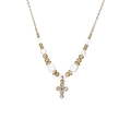 Macro detail of gold plated cross pendant with rhinestones and white pearls jewelry set - Necklace Only (Without Bracelet) (YN1001-Necklace)