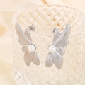 Silver stainless steel butterfly wing earrings with white round pearl accents - Steel Color (KE113149-KFC)
