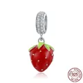 S925 sterling silver strawberry charm with red enamel and pavé stones for DIY jewelry - Pave Zirconia Strawberry Pendant / Strawberry Pendant (SCC1537)