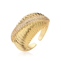 Macro shot of gold wide open ring featuring striped texture and micro-pave zircons - Adjustable Open / Striped Texture Multi-row Rhinestone (CE00831YH)