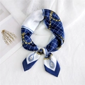 Deep blue and white silk square scarf featuring gold chain patterns and jewel motifs - Navy Gold Chain Grid