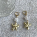 Starfish drop earrings with white square beads and gold-toned finish for women - Starfish Square Pendant Hoop Earrings / Gold (Z-372)