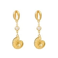 Golden starfish and conch drop earrings with white pearls and shell charms - Shell Snail Pearl Drop Earrings / KC Gold (11859)