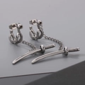 Gothic silver punk samurai sword dangle earrings with chains made of titanium steel - Silver Katana with Ear Cuff Chain Style (KE113960-WGLN)