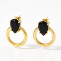 Elegant gold drop earrings with black pear-cut zircon stones and polished round hoops - Gold + Black Zircon (KDE755)