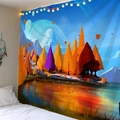 Tapisserie de forêt fantastique avec arbres colorés et montagnes pour décor mural - Arbres de Dessin Animé