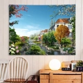 Tapisserie de paysage avec maison rurale et ruisseau suspendue au-dessus d'un buffet en bois - Arbres au Bord de la Rivière