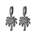 Long palm tree tassel earrings in black gold finish with sparkling white crystals - Gun Black Rhinestone Loop With White Leaf Tree