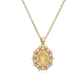 Gold plated necklace with Saint Benedict medallion and white pearl border on white background - 2081YH St. Benedict Pearl