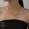 Three-layer gold necklace set with OT buckle and Elizabeth II coin pendant for women - 18K Gold