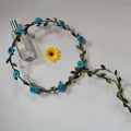 Bohemian floral headband with blue fabric roses and green leaves on brown vine crown - Blue