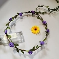 Floral hair wreath with purple satin roses and green leaves on brown vine headband - Violet