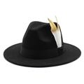 Dettaglio del cappello Fedora in lana nera decorato con piume dorate e bianche su nastro - M (56-58cm) / Nero