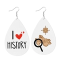 Detail view of teardrop leather earrings with I Love History text and map patterns - History Geography Theme