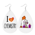 Detail of teardrop faux leather earrings featuring I Love Chemistry and lab equipment print - Chemistry Science Theme