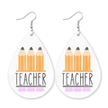Tie-dye gradient leather teardrop earrings featuring pencil illustrations and Teacher text - Teacher Pencil Illustration