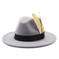 Detail of grey wool fedora hat with black ribbon and two golden feather accessories - M (56-58cm) / Light Gray