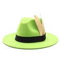 Detail of neon green wool fedora hat featuring black band and golden feather charms - M (56-58cm) / Fluorescent Green