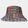 Close-up of ethnic floral pattern and checkered lining on reversible sun hat - Ethnic Geometric Floral Style (4#色)
