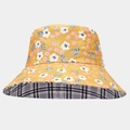 Detail of reversible wide brim sun hat with yellow floral print and plaid lining texture - M (56-58cm) / Bright Yellow Small Floral & Grey-Black Plaid (7#)